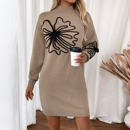 Mid Neck Floral Floral Sweater Dresses Wholesale Womens Clothing N3824091200047