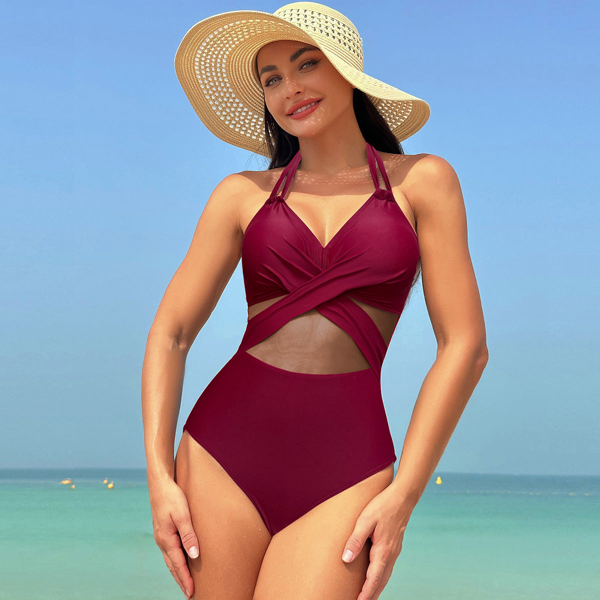 Women's Solid Color Mesh Halter Neck Deep V One-piece Swimsuit Wholesale Womens Clothing N3824012000008