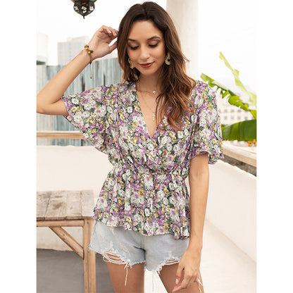 Fashion V-Neck Ruffle Sleeve Floral Waist Shirt Wholesale Womens Tops