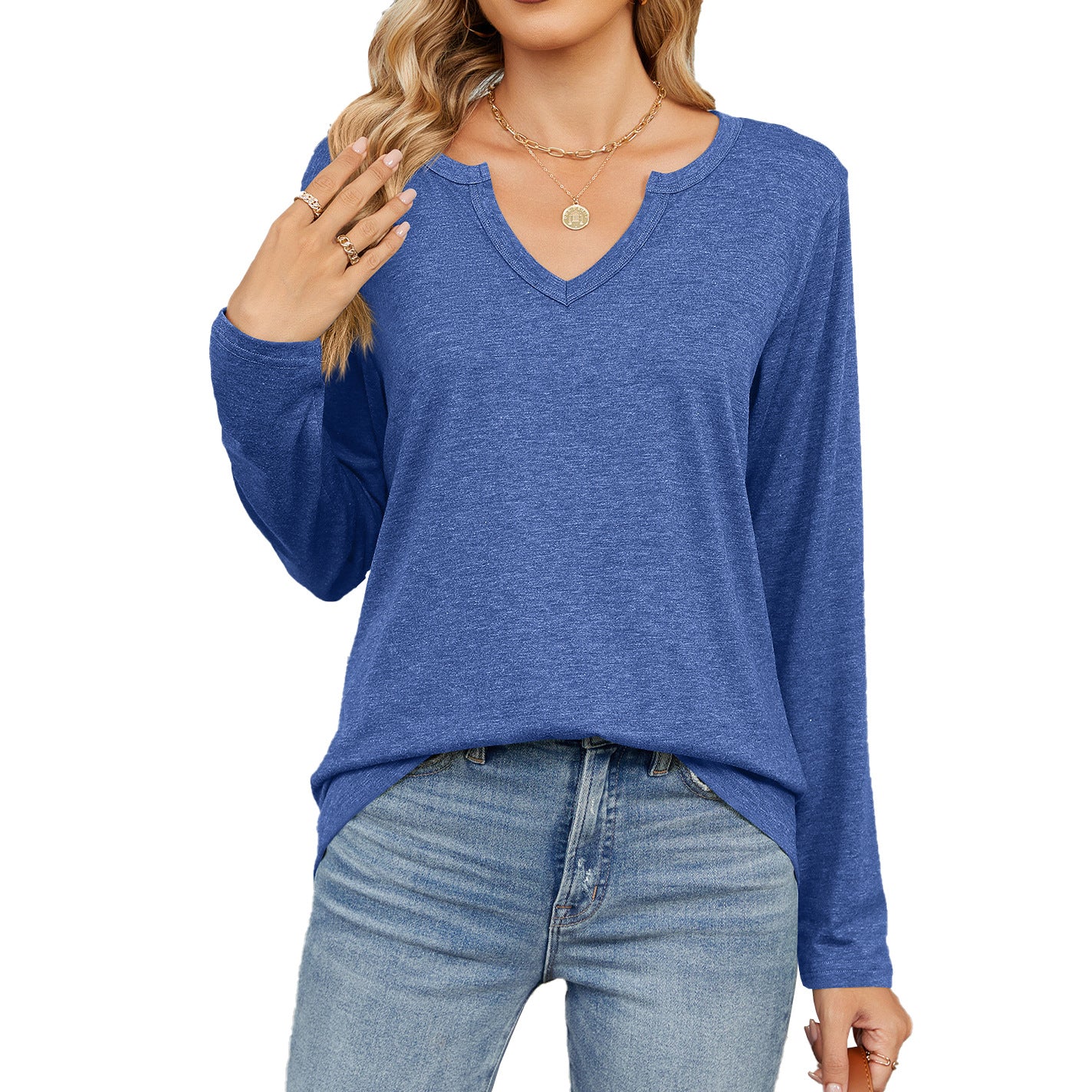 V-Neck Long Sleeve Loose T-Shirts Solid Color Tops Wholesale Womens Clothing N3824072900064