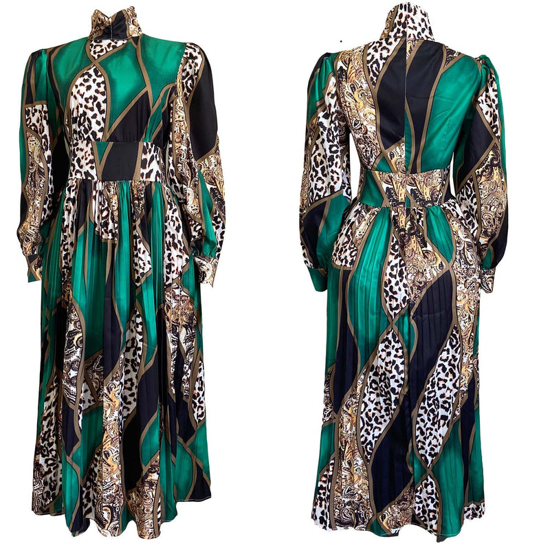 Long Sleeve High Waist Pleated Printed Dress Wholesale Womens Clothing N3823101700018