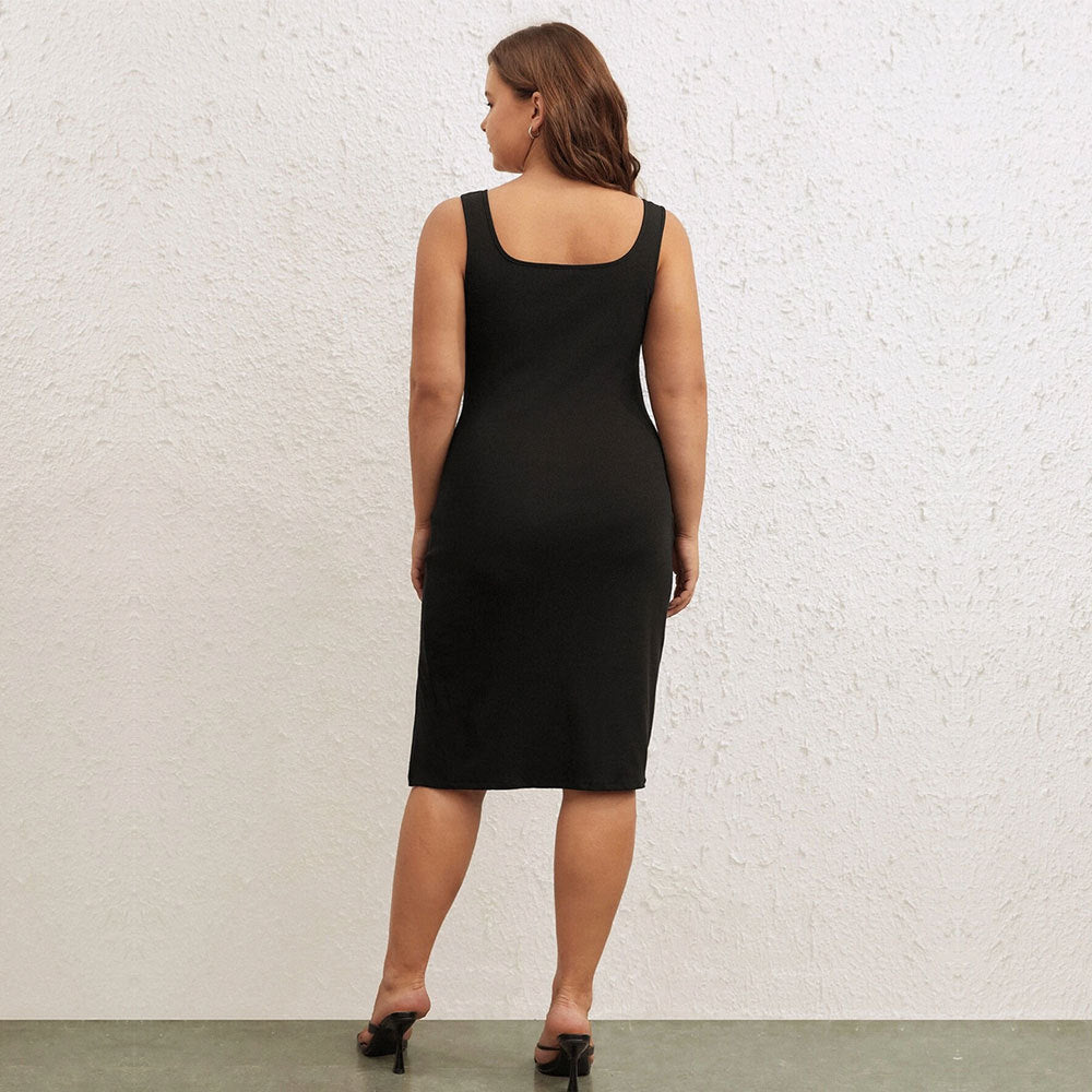 Wholesale Plus Size Clothing Slim And Thin Square Neck Sleeveless Open Hip Sexy Dress