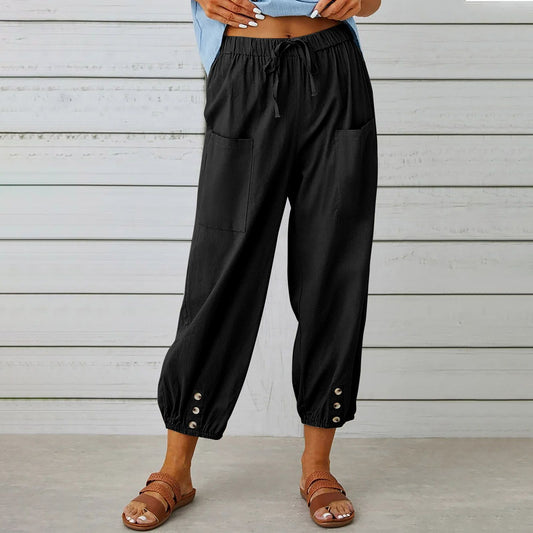 Loose High Waist Buttoned Cotton Linen Pants Nine Minute Wide Leg Pants Wholesale Womens Clothing N3824091200196