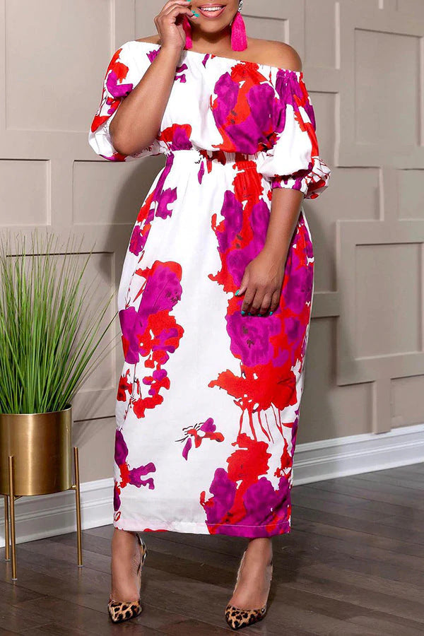 Wholesale Women Plus Size Clothing Stitching Printed One-Shoulder Balloon Sleeve Dress