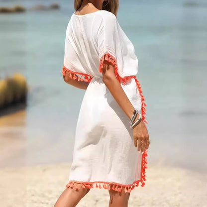 Cotton Tasseled Trim Colorblocked Beach Dresses Bikini Coverup Wholesale Womens Clothing N3824081300002