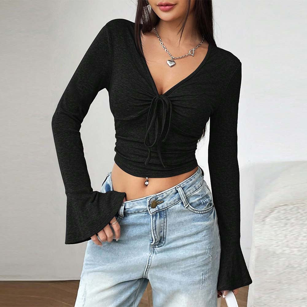 V Neck Flare Sleeve Tee Solid Color Long Sleeve Crop Tops Wholesale Womens Clothing N3824070500023