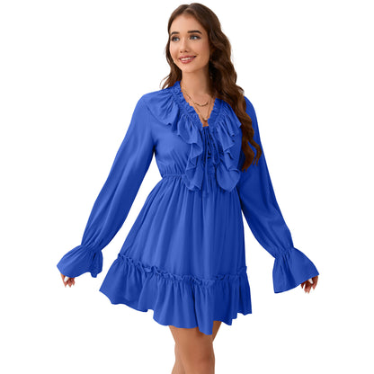 V-Neck Ruffled Slim-Fit Long-Sleeved Dress Wholesale Womens Clothing N3824082300039