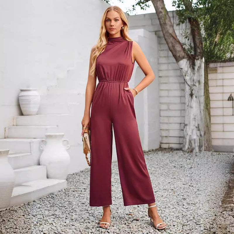 Stacked Neck Solid Color Sleeveless Jumpsuit Wholesale Womens Clothing N3824050700069