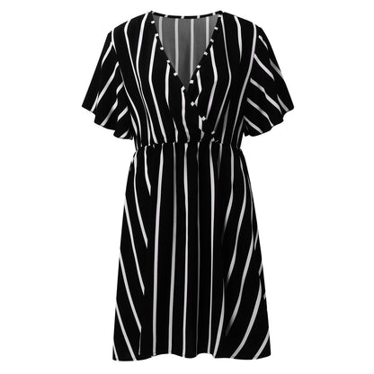 Plus Size Striped V-Neck Short Sleeve Waisted Dresses Wholesale Plus Size Womens Clothing N3824052500001