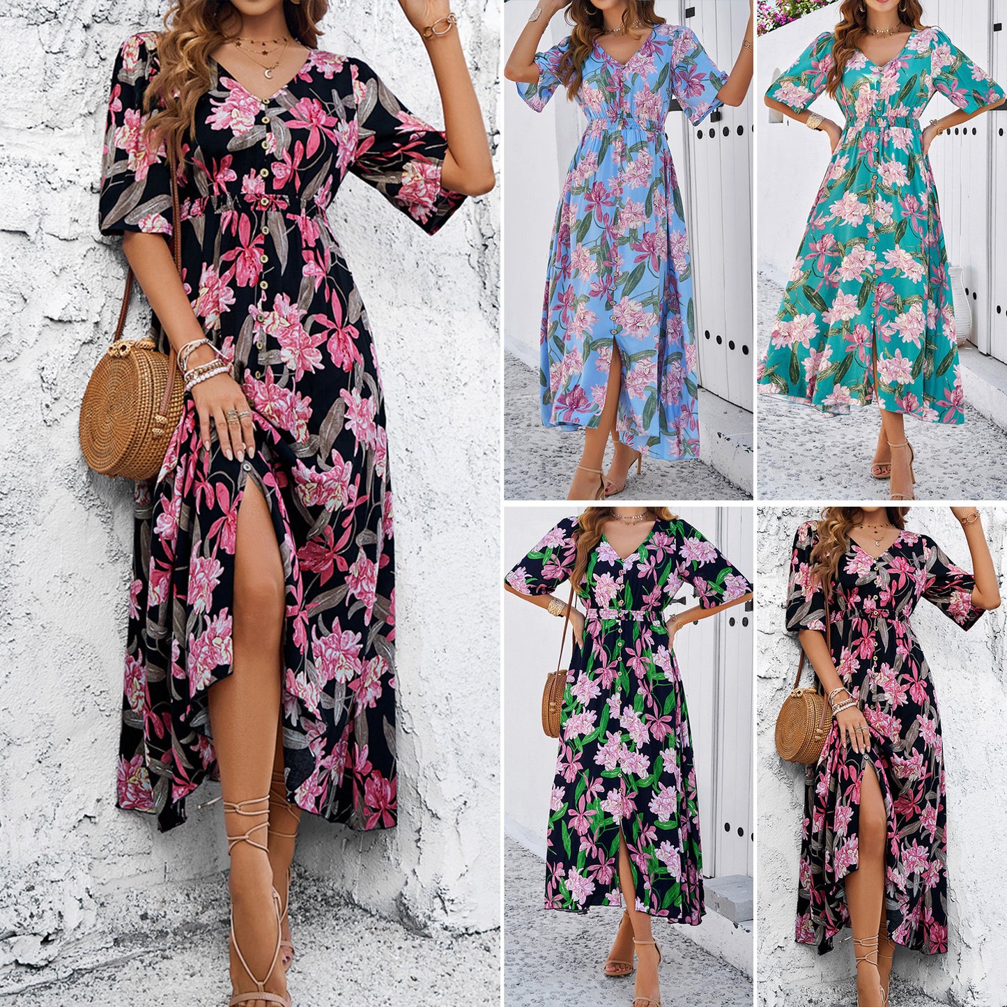 Spring and Summer Casual Printed Slit Resort Dresses Wholesale Womens Clothing N3824040100120