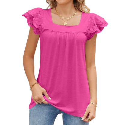 All-Match Solid Color Stitching Square Collar Petal Short-Sleeved Top Wholesale Women'S Top N4623052500033