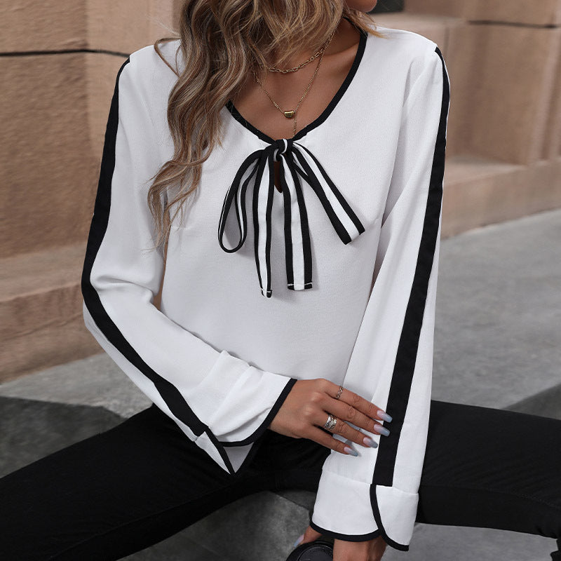 Long Sleeve Pullover Bow Color Block Round Neck Shirts Wholesale Womens Clothing N3824112000016