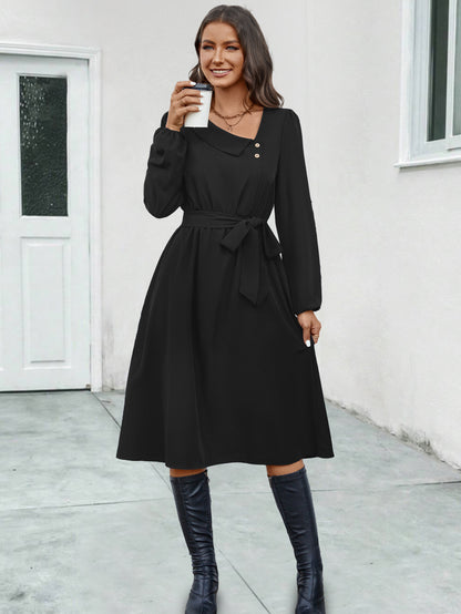 Irregular Neck Button Long Sleeve Dresses Wholesale Womens Clothing N3824062800053