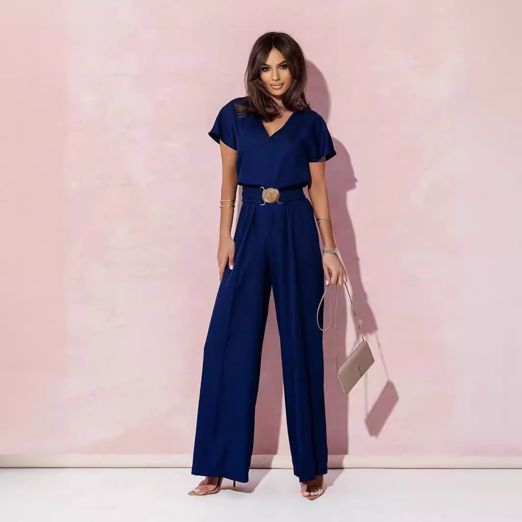 Solid Color V-Neck Waist Short-Sleeved Casual Jumpsuits Wholesale Womens Clothing N3824052000036