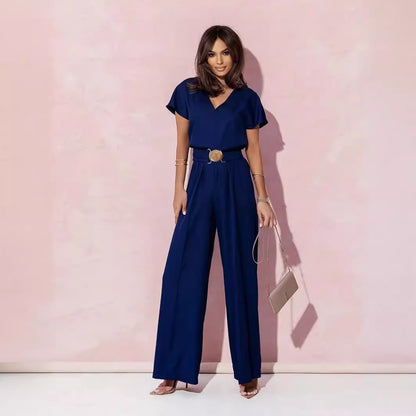 Solid Color V-Neck Waist Short-Sleeved Casual Jumpsuits Wholesale Womens Clothing N3824052000036