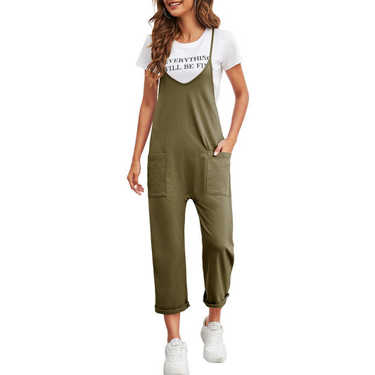 Casual Solid Color Pocket Sling Straight Jumpsuit Wholesale Jumpsuits