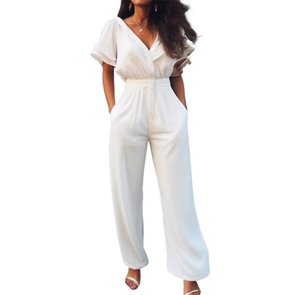 Temperament Solid Color Short Sleeve V-Neck Mid Waist Straight Leg Jumpsuit Wholesale Jumpsuits