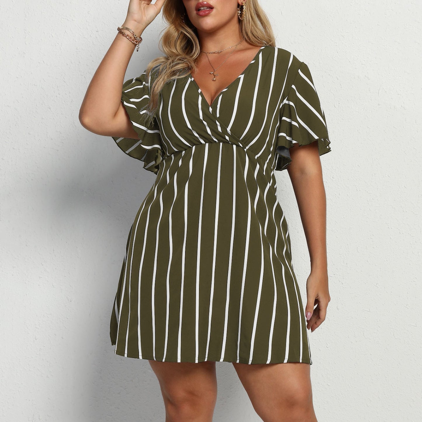 Plus Size Striped V-Neck Short Sleeve Waisted Dresses Wholesale Plus Size Womens Clothing N3824052500001