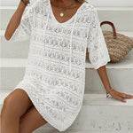 Casual Short-Sleeved V-Neck Hollow Vacation Beach Sunscreen Dress Wholesale Dresses