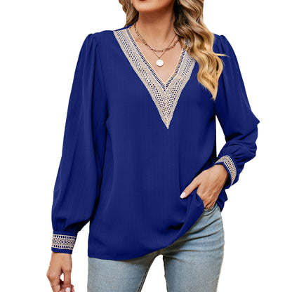 V-Neck Lace Chiffon Long-Sleeved Casual T-Shirt Tops Wholesale Womens Clothing N3823112800044