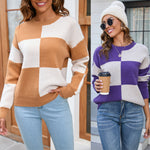 Casual Long Sleeve Colorblocked Plaid Pullover Knit Sweater Wholesale Womens Tops