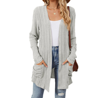 Solid Color Striped Brushed Pocket Cardigan Long Sleeve Sweater Wholesale Womens Clothing N3824072900052