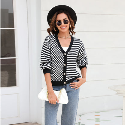 Knit Plaid Stitching Stripe Button Up Cardigan Sweater Wholesale Women'S Top