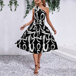 Letter Print One-Shoulder Pleated Dresses Wholesale Womens Clothing N3824022600071