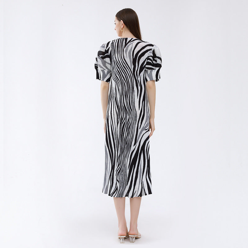 Fresh Zebra Print Pleated Loose Lantern Sleeve Dress Wholesale Dresses N5923082300007