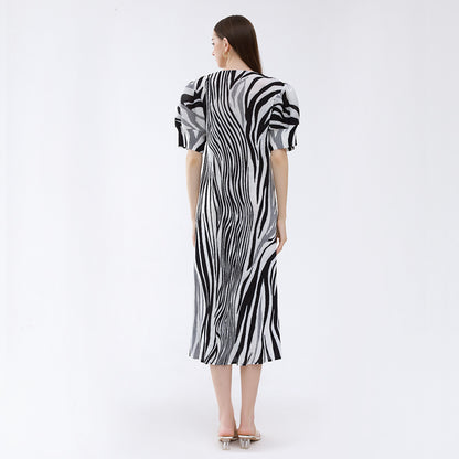 Fresh Zebra Print Pleated Loose Lantern Sleeve Dress Wholesale Dresses N5923082300007