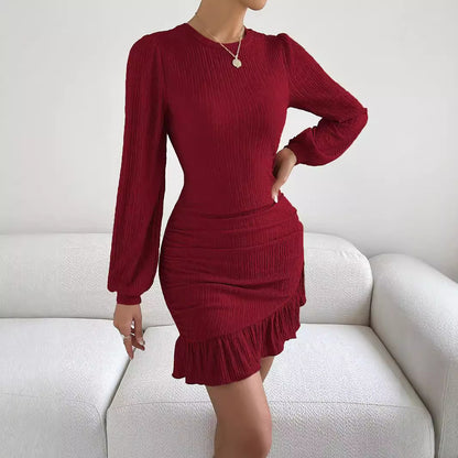 Knitted Long Sleeve Slim Fit Hip Round Neck Ruffle Dresses Wholesale Womens Clothing N3824091090091