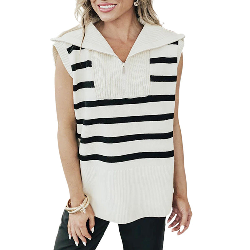 Lapel Striped Half-Zip Sweater Vest Wholesale Womens Clothing N3824082900013