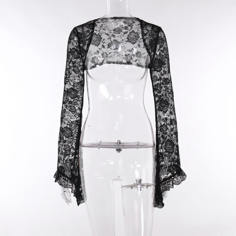 Dark Punk Sexy V-Neck Floral Print Halter Dress And Lace Flared Sleeve Jacket Wholesale Dresses