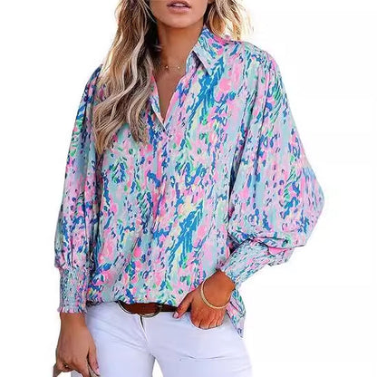 Long-Sleeved Printed Blouses With Lapel And Lantern Sleeves Wholesale Womens Tops N3824091200175