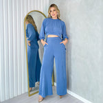 Solid Color Round Neck Hi Lo Hem Tops Wide Leg Trousers Casual Suit Wholesale Womens 2 Piece Sets N3823100900066