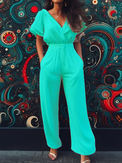 Temperament Solid Color Short Sleeve V-Neck Mid Waist Straight Leg Jumpsuit Wholesale Jumpsuits