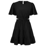 Round Neck Hollow Out Short Sleeve Waist Mini Dresses Wholesale Womens Clothing N3824050700060