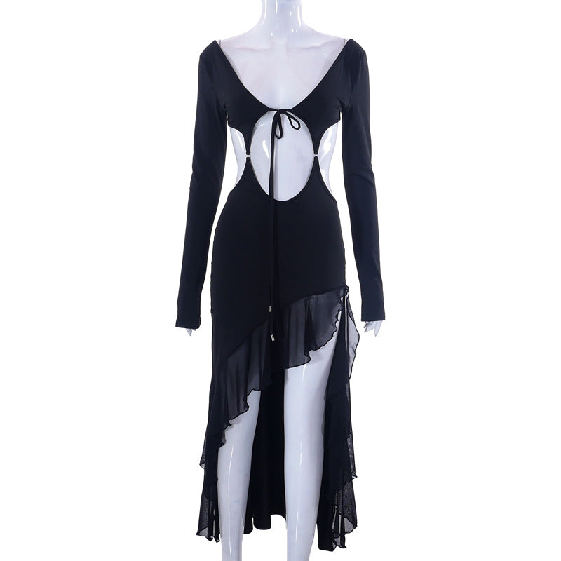 Irregular Long-Sleeved Ruffled Strappy Hollow Backless Dress Wholesale Dresses