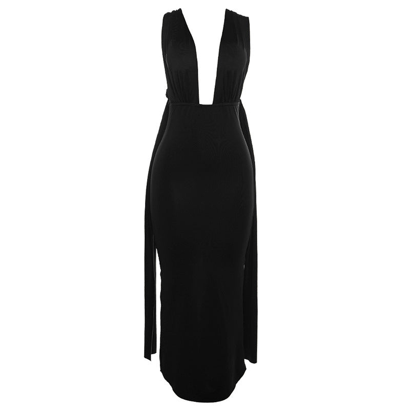 Slit V-Neck Tie Open Back Solid Color Dress Wholesale Dresses