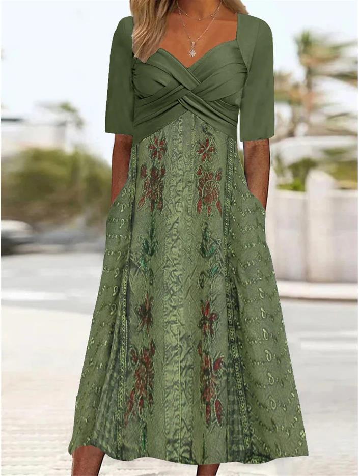 Fashion Printed Square Neck Midi Waist Midi Dress With Pockets Wholesale Dresses