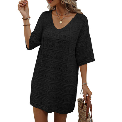 Casual Short-Sleeved V-Neck Hollow Vacation Beach Sunscreen Dress Wholesale Dresses