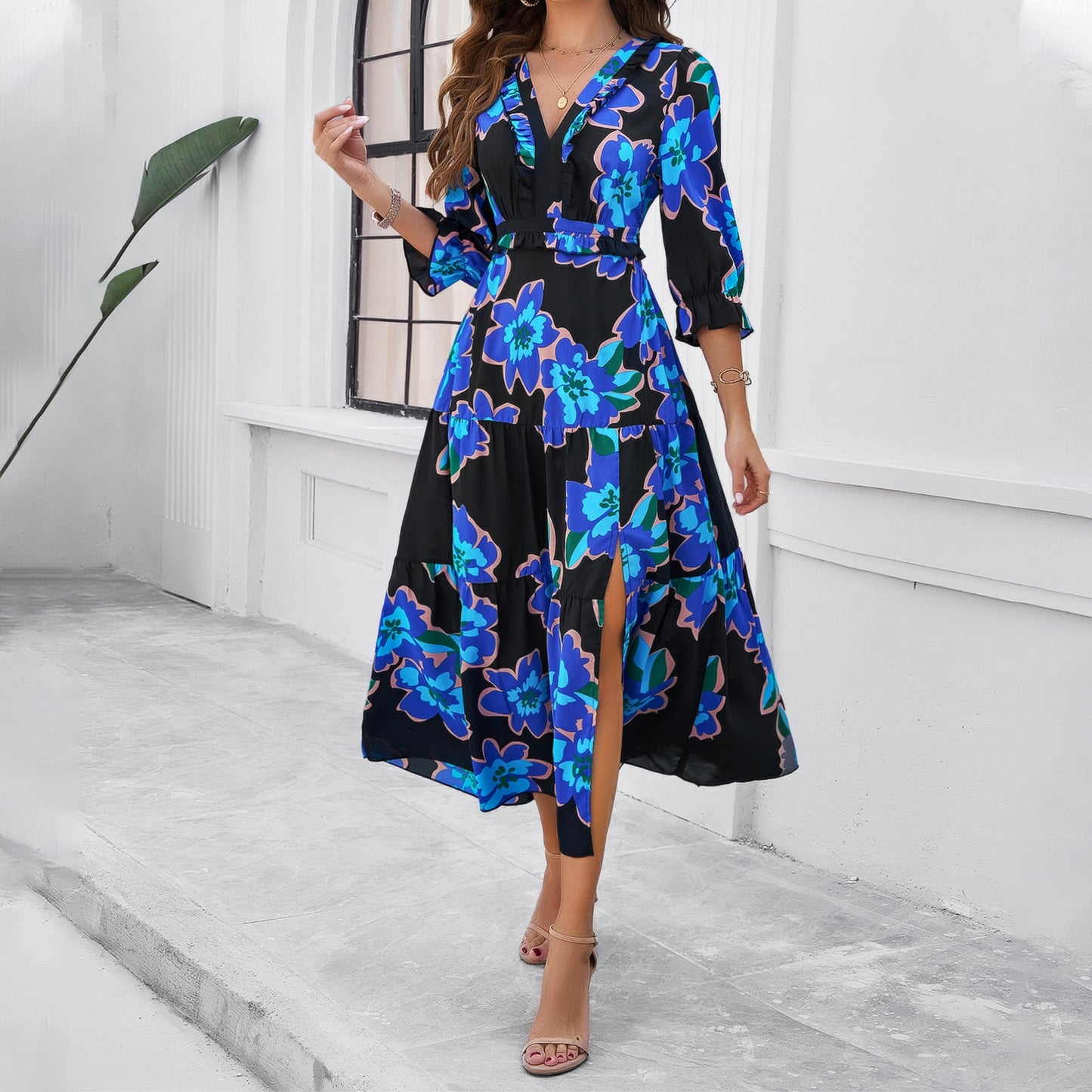 Holiday Casual Printed  V-Neck Dresses Wholesale Womens Clothing N3824040700280