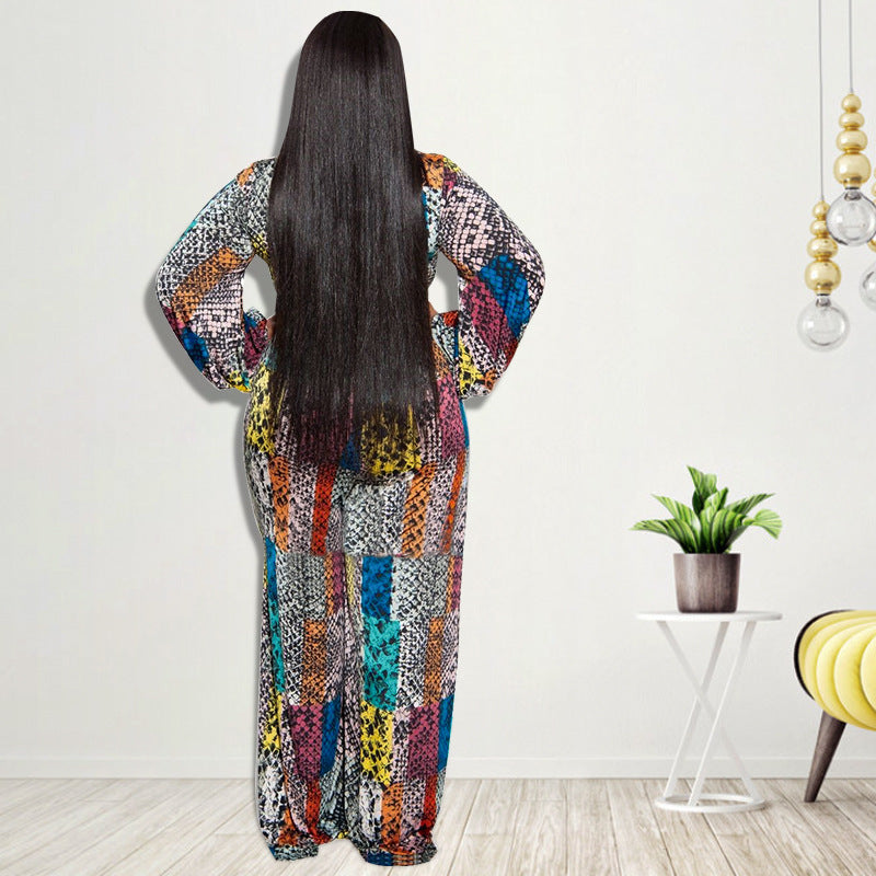 Wholesale Plus Size Clothing Casual Floral Print Large V-Neck Long Sleeve Jumpsuit