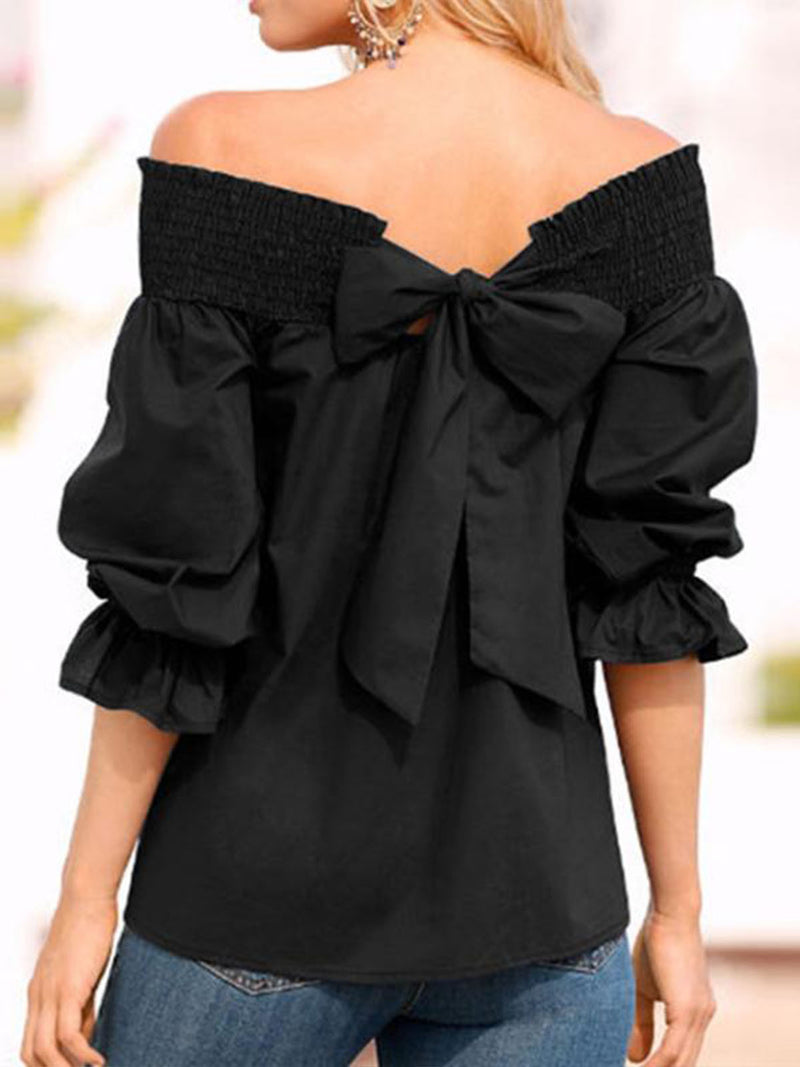 Sexy Long-Sleeved One-Piece Neck Tie Bow Top Wholesale Womens Tops