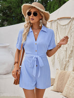 Short Sleeve Lapel Lapel Jacquard Solid Color Cropped Jumpsuit Wholesale Womens Clothing N3824041600031