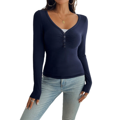 Slim Solid Color Buttoned V-Neck Long Sleeve Knit T-Shirts Wholesale Womens Clothing N3824101000011