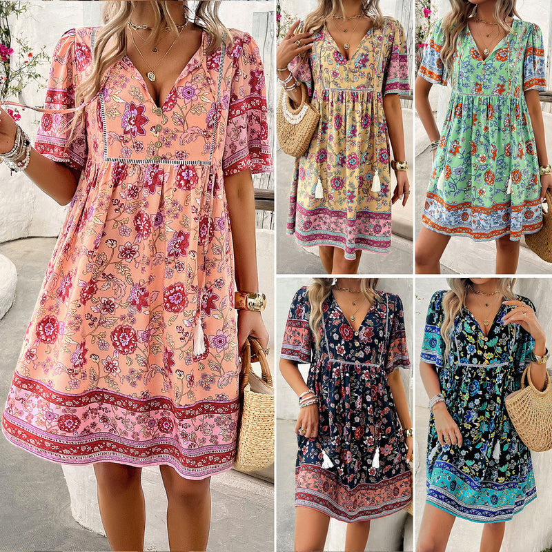 Holiday Floral V-Neck Short-Sleeved Dress Wholesale Womens Clothing N3824041600006