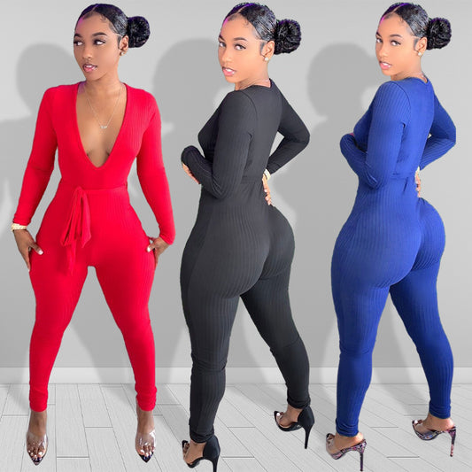 Sexy Deep V-Neck Long Sleeve Solid Color Jumpsuit Wholesale Jumpsuits