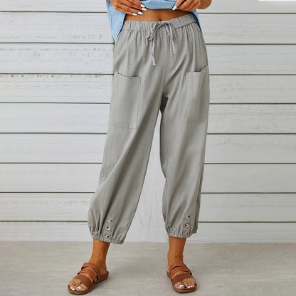 Loose High Waist Buttoned Cotton Linen Pants Nine Minute Wide Leg Pants Wholesale Womens Clothing N3824091200196