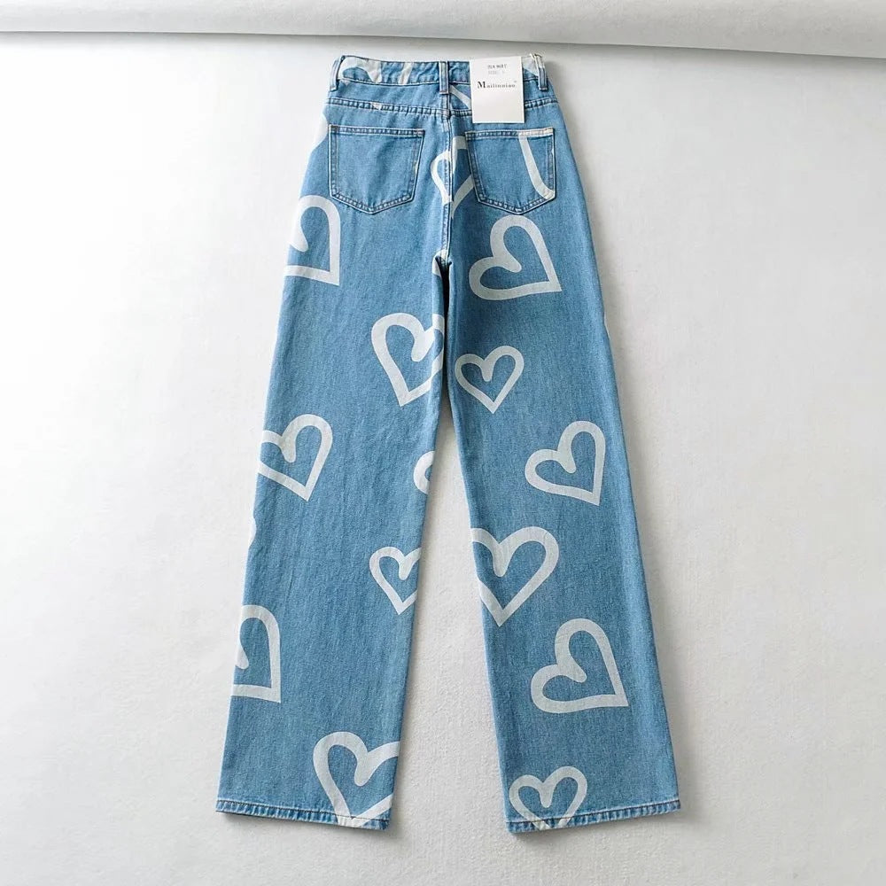 Heart-Print Wide-Leg Loose-Fit Straight-Leg High-Rise Jeans Wholesale Women'S Bottom